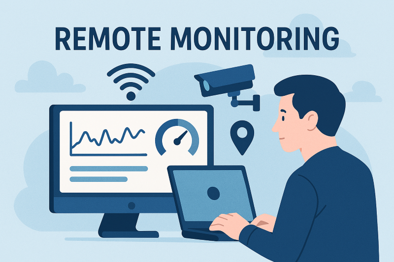 Illustration of remote monitoring technology showing a dashboard interface with system metrics, device icons, and cloud connectivity, representing real-time performance and security tracking.